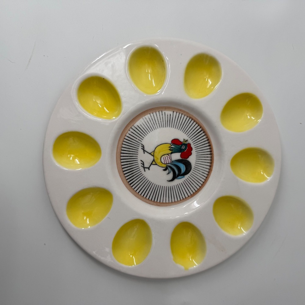 Vintage Davar Originals Ceramic Rooster Deviled Egg Platter MCM Cottage cor gran
